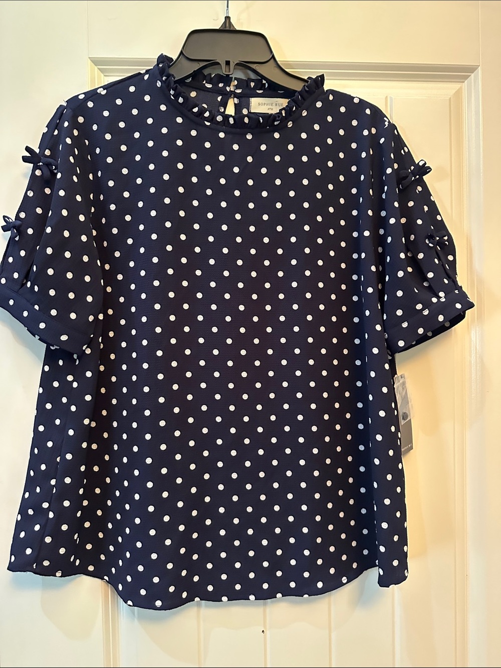 Sophie Rue Navy and White Polka Dot Ruffle Neck Blouse